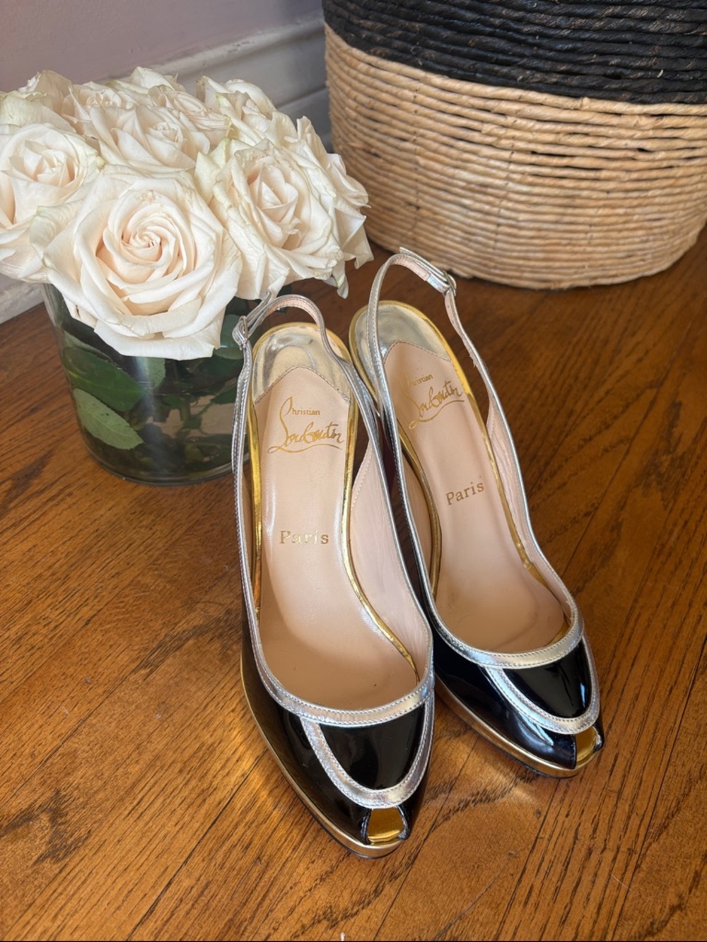 Christian Louboutin Black Patent Slingback Pumps with Silver Trim